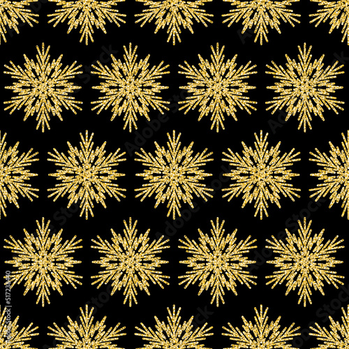 Golden snowflake flower mandala seamless pattern shining glitter background for chic design