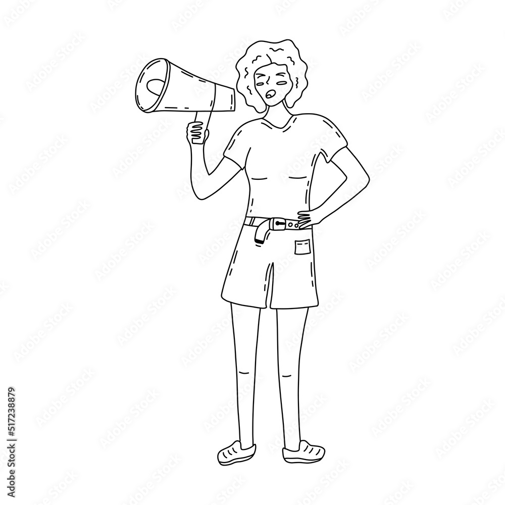 Protesting girl screams into a bullhorn. Loudspeaker in hand. Demand for justice, peace and freedom. Demonstrator retains her rights. Black and white vector isolated illustration hand drawn Protesting girl screams into a bullhorn. Loudspeaker in hand. Demand for justice, peace and freedom. Demonstrator retains her rights. Black and white vector isolated illustration hand drawn