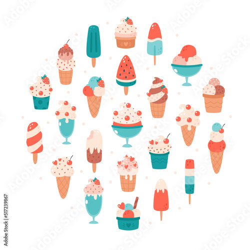 Ice cream collection. Ice cream cone with different flavors, ice lolly, ice cream in glass. Summertime, hello summer. Hand drawn vector illustration