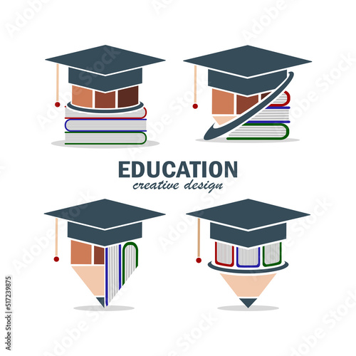 set of educational icon or logo templates for graduation cap symbols, books and pencils,