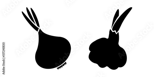 Vector icon of garlic and onion black silhouettes. Black and white
