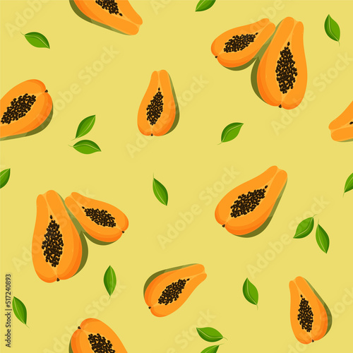 Seamless pattern with exotic tropical fruits  half of papaya on yellow background and green leaves. Vector illustration  print for packaging  fabrics  wallpapers  textiles.