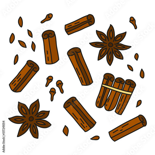 Set of doodle cinnamon sticks, seeds and stars.