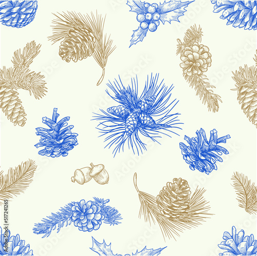 vector seamless christmas white background gold and blue  with pine tree, sprigs and ted berries. navy winter seamless pattern for happy new year and merry christmas