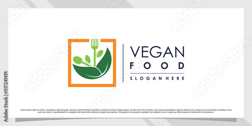 Restaurant logo design for vegetarian food with fork, spoon and leaf element