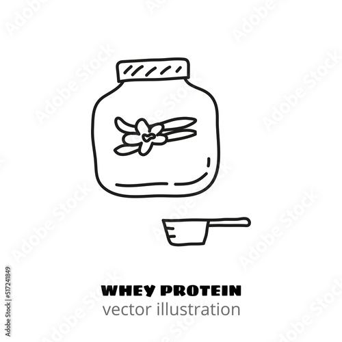 Doodle whey protein iand measuring scoop.