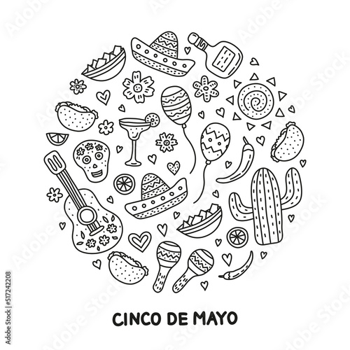 Doodle Cinco de mayo icons in circle.