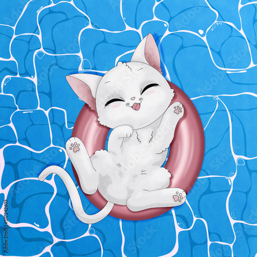 Biały kot bawiący się w wodzie, pływający w różowym dmuchanym kole. Kotek w basenie. Ręcznie rysowany uroczy mały kot na wakacjach. Letnia ilustracja.