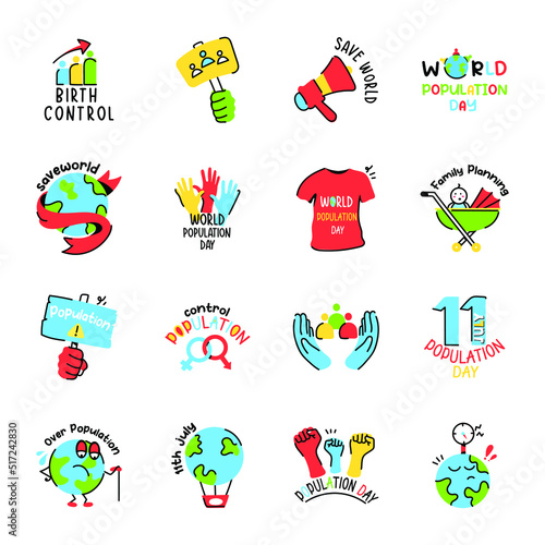 Doodle Flat Icons of Population Day Celebration
