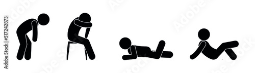 man icon, people tired, illustration resting stickman, human silhouettes isolated on white