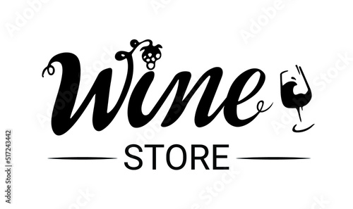 Designed store logo , black letters with wine glass on white background, digital handwritten title for cards, banners, posters, pictures ads, packaging products, wine cards, brochures, menu