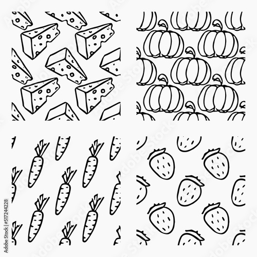 set of different seamless food patterns. doodle vector food background © eliyashevskiy