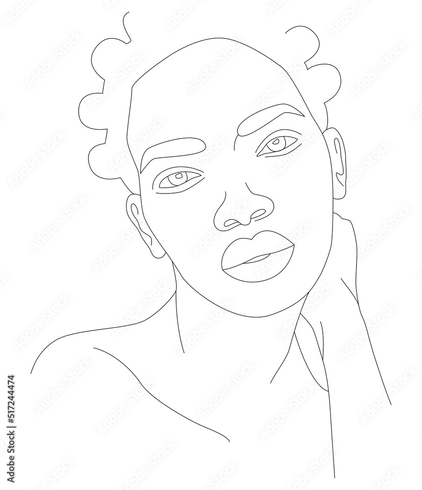The face is one line. Portrait of a beautiful African woman. Women's African traditional scarf-headdress. Vector icon, logo, template, brochures.