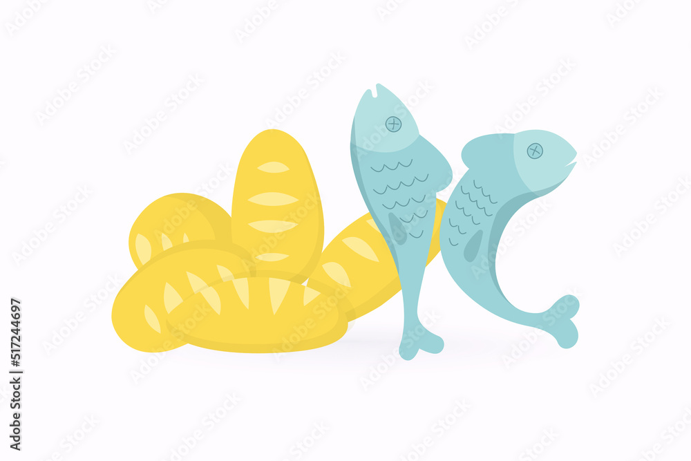 Food from the Bible five loaves and two fishes icon, graphic, symbol