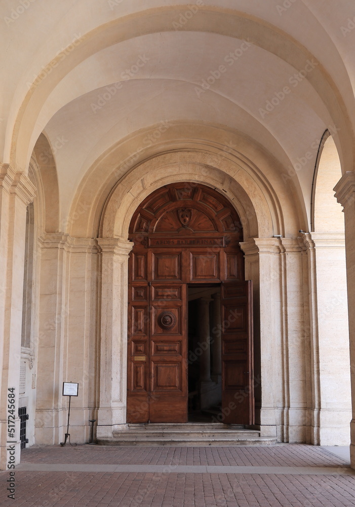 Palazzo Barberini Portico Entrance with Arches and Wooden Door in Rome, Italy