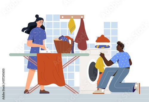 Family couple doing housework together. Young man and woman clean up mess in house. Smiling husband and wife washing clothes and ironing. Making domestic chores. Cartoon flat vector illustration