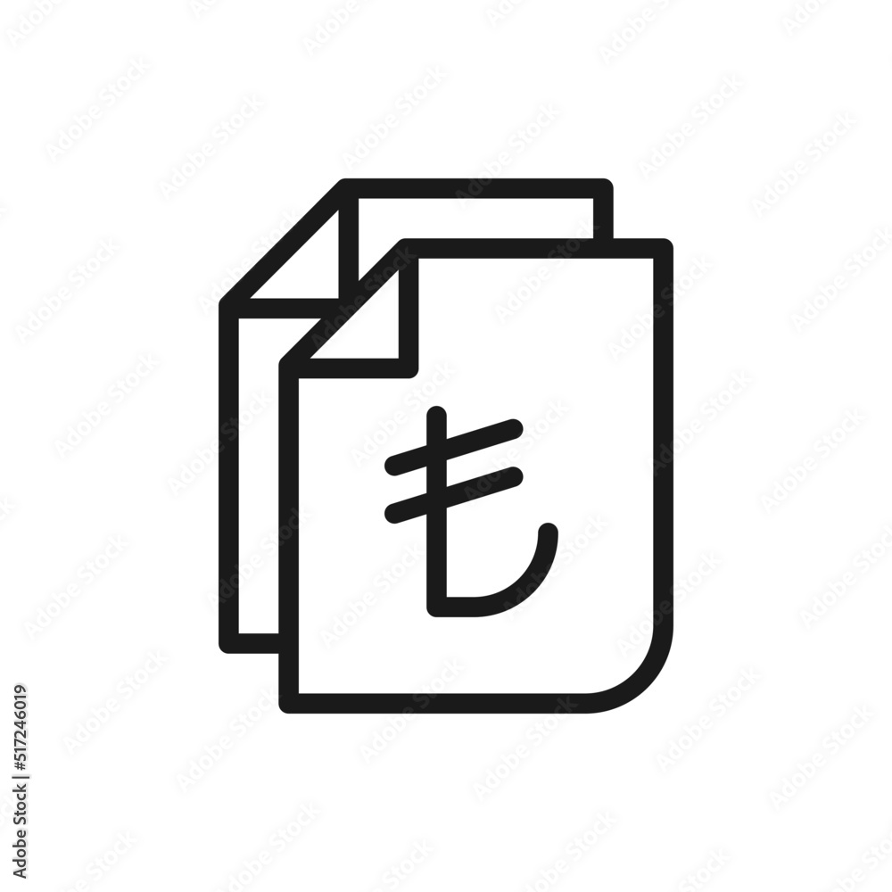 Turkish lira sign on paper. Financial statement, money document, banknote line icon isolated on white background. Vector illustration Turkish lira sign on paper. Financial statement, money document, banknote line icon isolated on white background. Vector illustration