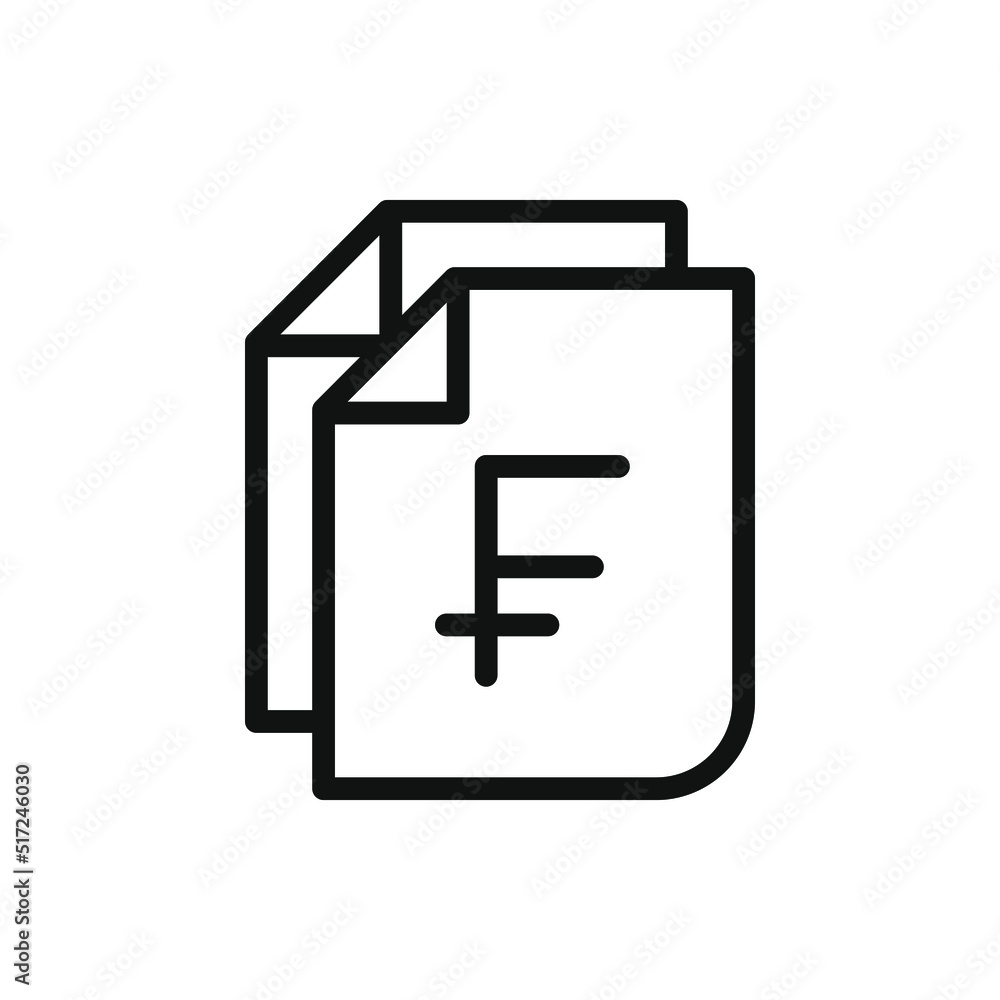 Franc sign on paper. Financial statement, money document, banknote line icon isolated on white background. Vector illustration Franc sign on paper. Financial statement, money document, banknote line icon isolated on white background. Vector illustration