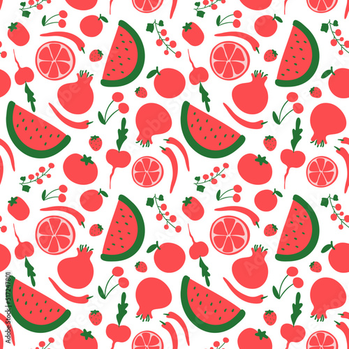 Fototapeta Naklejka Na Ścianę i Meble -  Seamless pattern with hand drawn red fruits vegetables berries. Fresh doodle cherry apple beetroot watermelon tomato pomegranate chilli.