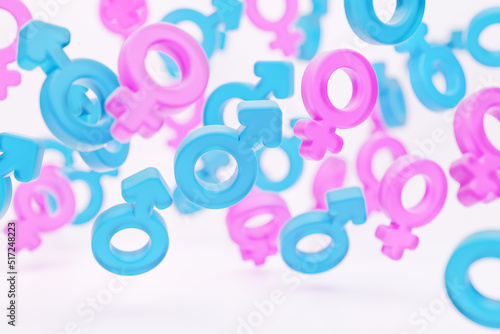Venus and Mars falling sex symbols, Women equality day concept. 3d rendering