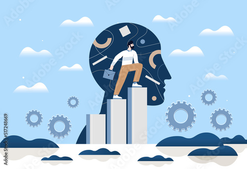 Subconscious mental processes concept. Thinking, awareness and responsibility in behavior. Psychological stability. Male businessman on background of head silhouette. Cartoon flat vector illustration