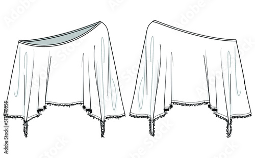 Poncho Top Front and Back View. Fashion Illustration, Vector, CAD, Technical Drawing, Flat Drawing, Template, Mockup.	