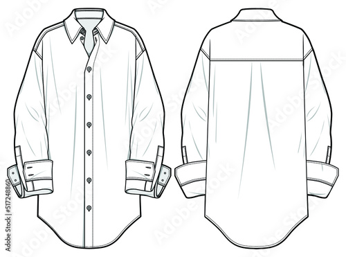 Women Long Shirt, Baggy Shirts,, women oversized boyfriend cut shirt Front and Back View. fashion illustration vector, CAD, technical drawing, flat drawing.