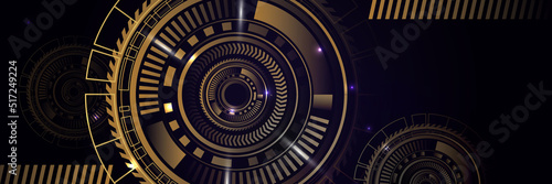 Black gold technology digital banner design. Design modern luxury futuristic technology background. Game tech wide banner vector illustration. Hi tech digital communication. Abstract tech background.