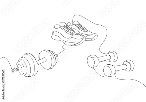 Fitness set with sneakers and dumbbell one line art. Continuous line drawing of sport, strength, fitness, activity, active, wellness, weightlifting, weight, workout, athlete kettlebell, adjustable