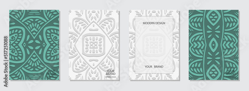 Set of abstract covers, vertical vector templates. Collection of light backgrounds with 3d geometric pattern. Tribal ethnicity, hand drawn style.