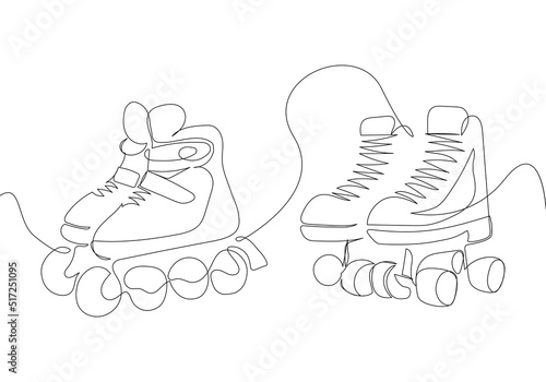Set of roller skates, footwear one line art. Continuous line drawing of sport, shoes, skating, speed, rollerskating, retro, exercise, hobby, training, activity, sporty athlete training
