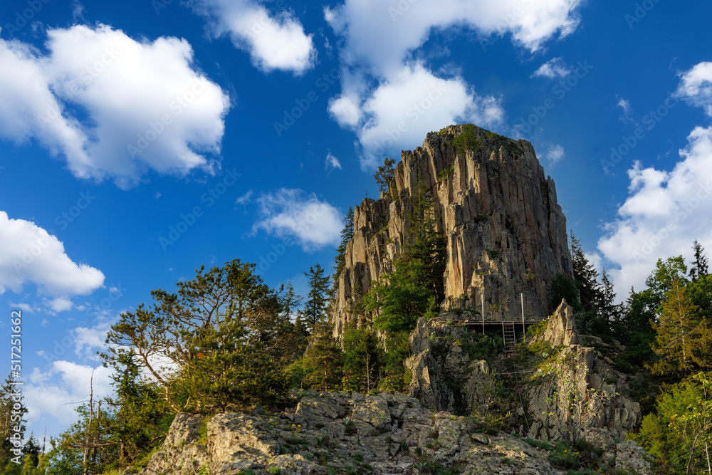 Mountain range of Rhodope Mountains covered with vegetation against the backdrop of valley covered with spruce forests