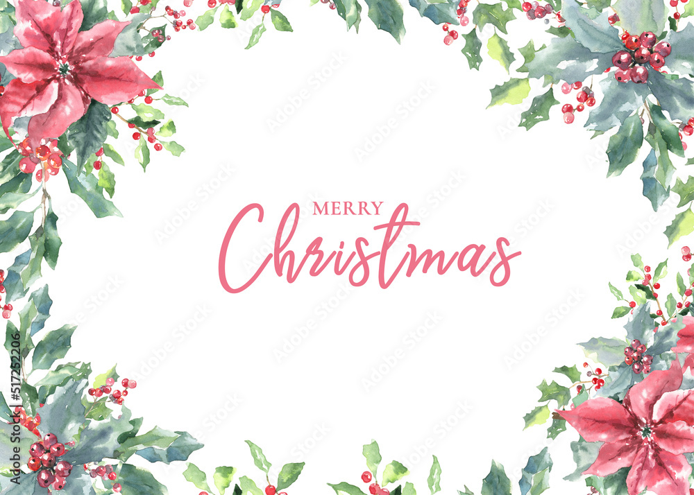 Fototapeta premium Merry Christmas greeting card. Watercolor floral border illustration. Holly berry,poinsettia woodland forest art. Winter holiday design template for banner, wallpaper, wedding,invite, cover, print diy