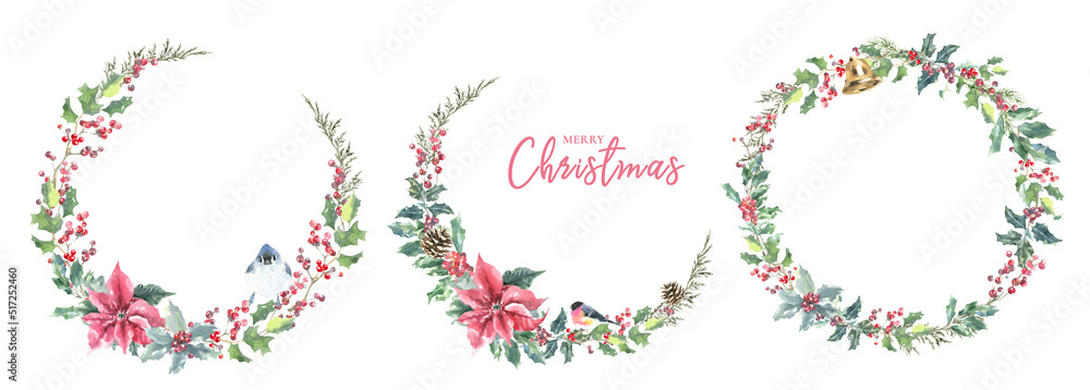Merry Christmas watercolor wreaths illustration set. Winter forest pine, cone, holly berry,bird, poinsettia. Woodland floral, animal frame,bouquet. Create greeting card, invitation,postcard,design diy