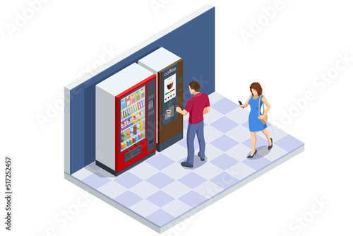 Isometric self-service coffee machines offer consistent quality coffee. Vending machine with coffee in the supermarket.