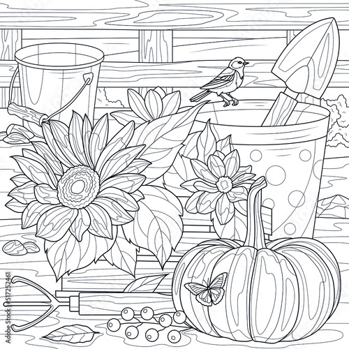 Garden equipment and flowers.Harvesting.Coloring book antistress for children and adults. Illustration isolated on white background.Zen-tangle style. Hand draw