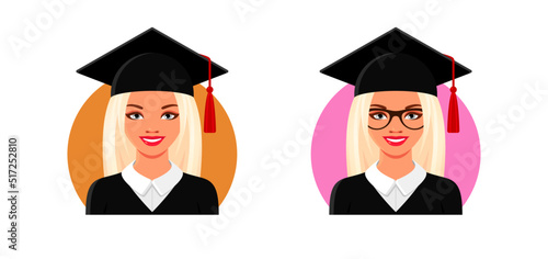 Happy graduates in square academic caps with tassel, black gowns and eyeglasses. Smiling blonde haired young women icons. Set of vector colorful illustrations isolated on white background