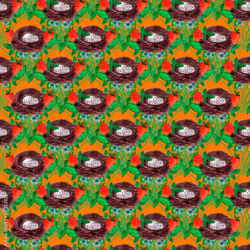 seamless pattern. Nest and bushes with strawberries, white flowers and green leaves. watercolor.