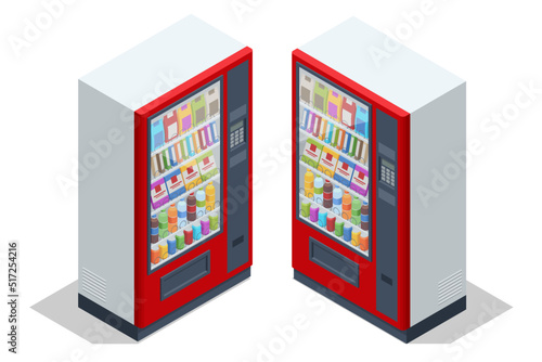 Isometric vending machines. Vending machines full of beverages and snacks