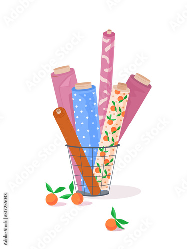 Rolls of colored fabric in metal basket in sewing workshop or textile store. Pattern with oranges and polka dots. Side view. Vector illustration isolated on white background.