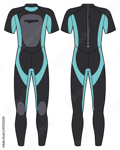 Full body diving Wetsuit with back Zipper flat sketch design illustration, one Piece diving suit design vector template for Snorkeling, Scuba, Surfing, Cold Water, swimming ans Kayaking Water Sports