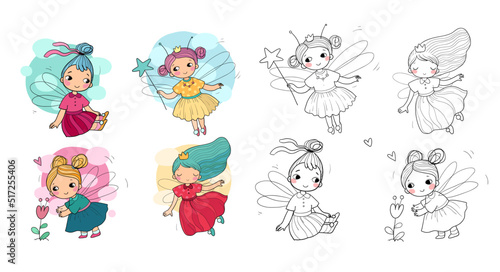 Set with cute cartoon fairies. Wood elves. Little girls princess with wings fly over flowers. Funny ladybug. Vector illustration