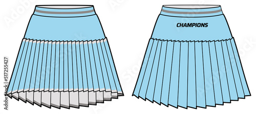 Women tennis pleated mini skirt jersey design flat sketch fashion Illustration for girls and Ladies, Running skirt concept with front and back view for tennis and tracking active wear.
