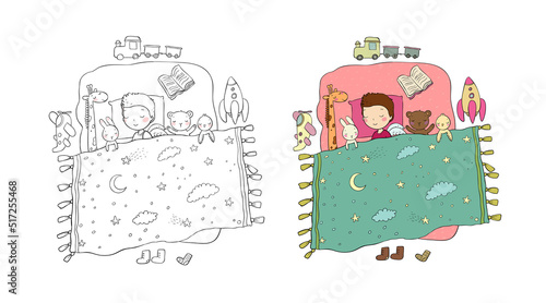Sleeping boy. Baby in bed with toys. Time to sleep. Good night.