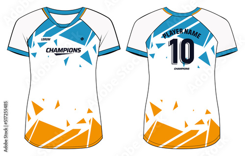 Women Sports Jersey t-shirt design Flat sketch Illustration, triangle abstract pattern V Neck t shirt for Ladies Volleyball jersey, Football, badminton, Soccer and netball, Sport uniform kit