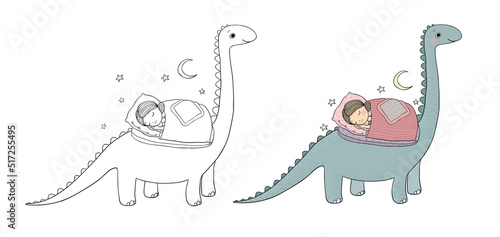 Sleeping girl and dinosaur. Good night sweet dreams