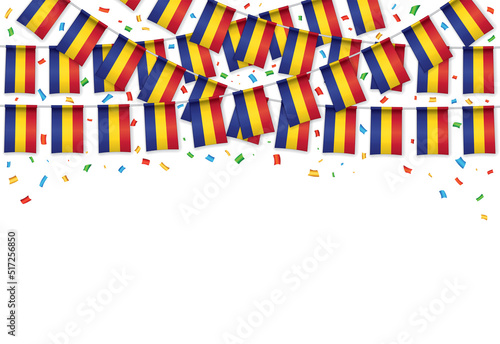 Romania flags garland white background with confetti  Hanging bunting for Romanian National Day celebration template banner  Vector illustration