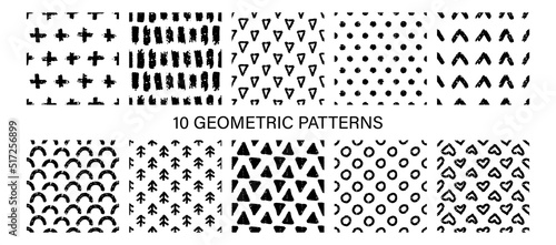 Abstract hand drawn geometric simple black and white minimalistic seamless patterns set with brush texture. Polka dot, stripes, waves. Vector illustration