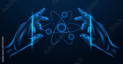 Nuclear energy management. Peaceful atom in the hands. Polygonal design. Blue background.