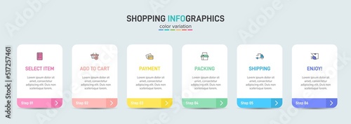 Concept of shopping process with 6 successive steps. Six colorful graphic elements. Timeline design for brochure, presentation, web site. Infographic design layout.